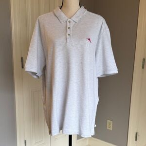 Tommy Bahama men’s White/Gray strip Polo Shirt with Pink Logo